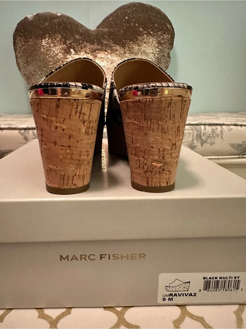 Marc Fisher Snake-Print Cork Platform Mules - Black & Cream